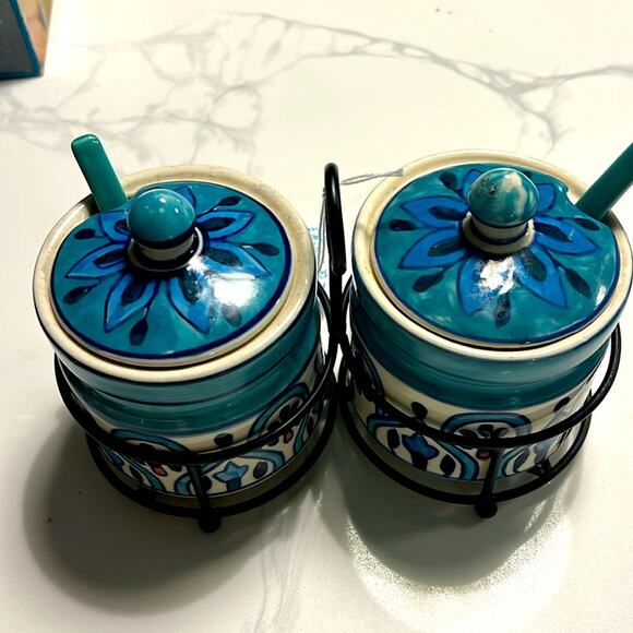 Relish jar condiment with stand and spoons handcrafted India - Picture 2 of 7